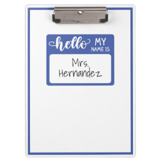 Blue Hello My Name Is Teacher School Tag Minimal Clipboard