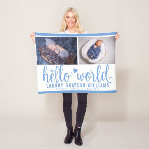 Blue Hello World Monogram Baby Stat Fleece Blanket