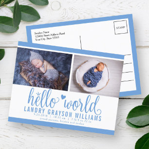 Blue Hello World Photo Birth Stat Announcement Postcard