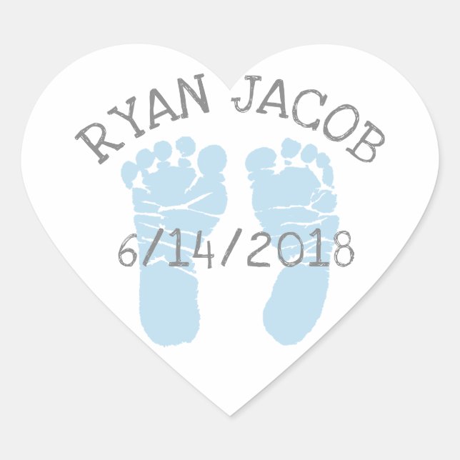 Blue Herat Baby Announcement Footprints Heart Sticker (Front)