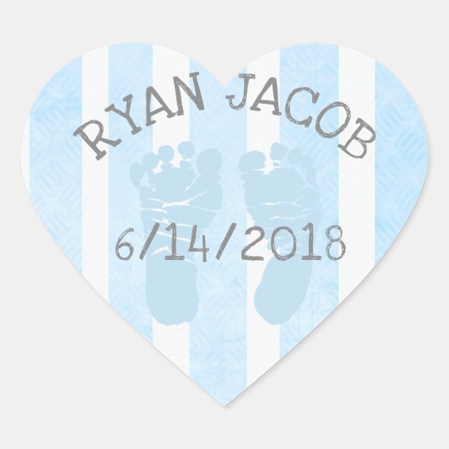 Blue Herat Baby Announcement Footprints Heart Sticker (Front)