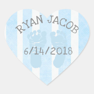 Blue Herat Baby Announcement Footprints Heart Sticker