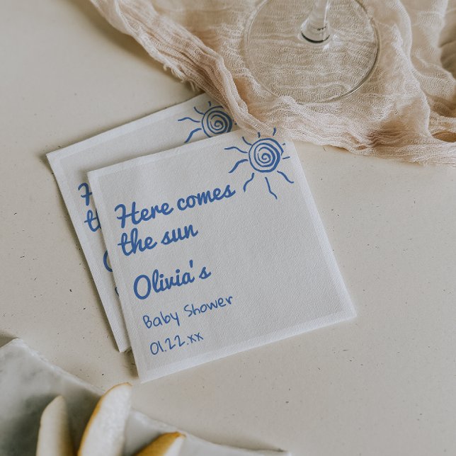 Blue Here Comes The Son Hand Drawn Baby Shower Napkin (Creator Uploaded)