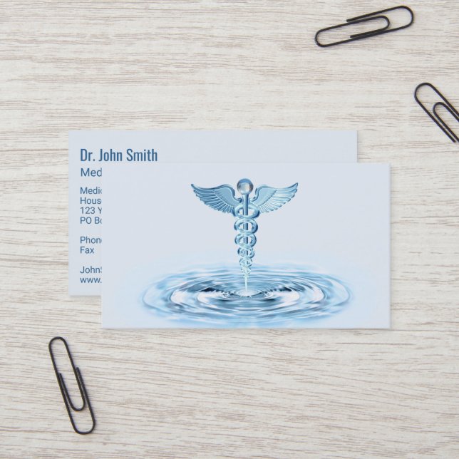 Blue Hermes Rod Caduceus Water Ripples Medical Business Card (Front/Back In Situ)
