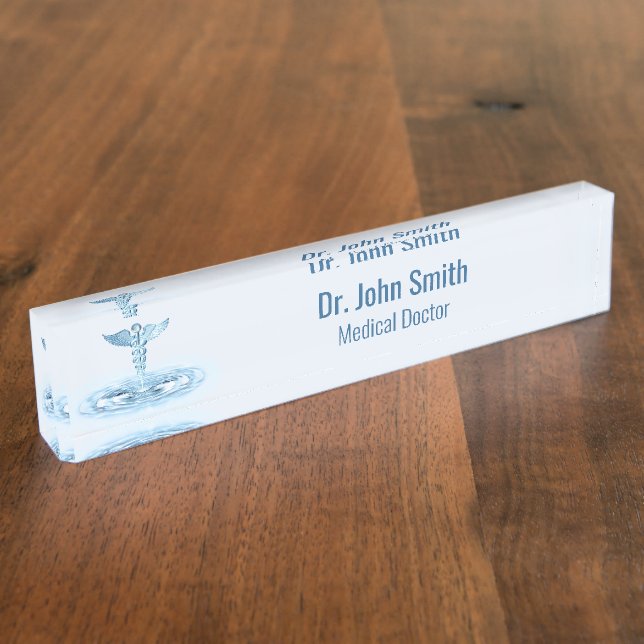 Blue Hermes Rod Water Ripples Caduceus Medical Nameplate (Side)