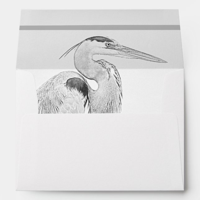 Blue Heron and Rocks, Water Bird Sketch Wedding Envelope (Back (Bottom))