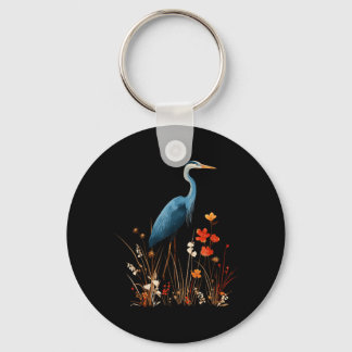 Blue Heron Floral Wildflower Bird Watching Key Ring