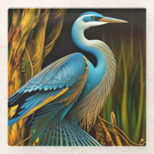 Blue Heron in Reeds Glass Coaster