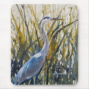 "Blue Heron in Tall Grass Watercolor" Mouse Mat