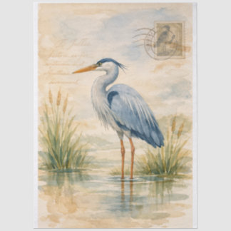 Blue Heron Marsh Watercolor Decoupage Tissue Paper