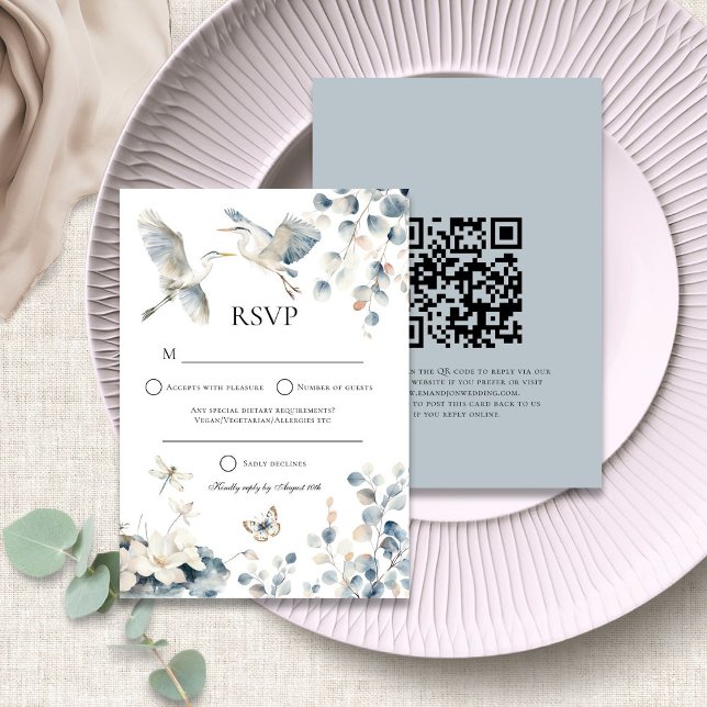 Blue Heron QR code or Reply by Post Wedding RSVP Card (Front and back view)