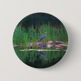 Blue Heron Reflections Animal Painting Button