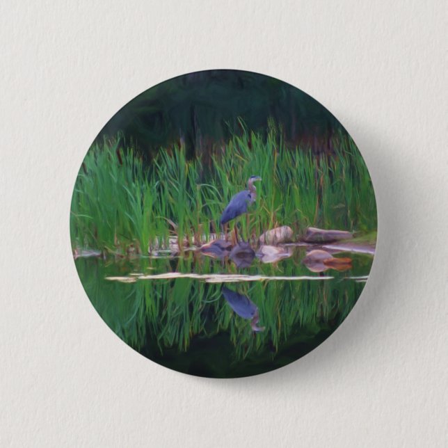 Blue Heron Reflections Animal Painting Button (Front)