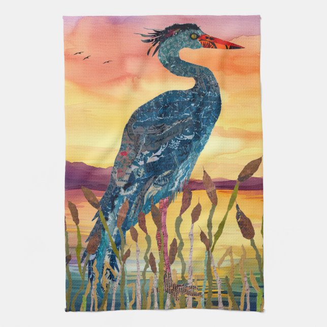 Blue Heron Sunset Kitchen Towel (Vertical)