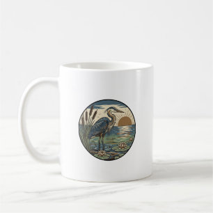 Blue Heron Sunset Marsh Woodcut Art Coffee Mug