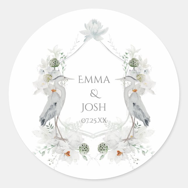 Blue Heron Waterfowl White Floral Ethereal Wedding Classic Round Sticker (Front)