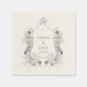 Blue Heron Waterfowl White Floral Ethereal Wedding Napkin