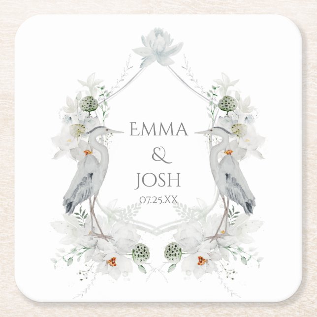 Blue Heron Waterfowl White Floral Ethereal Wedding Square Paper Coaster (Front)