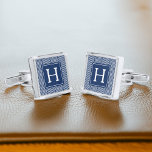 Blue Herringbone Pattern Monogram Silver Finish Cufflinks<br><div class="desc">Modern and trendy monogram and pattern design.</div>