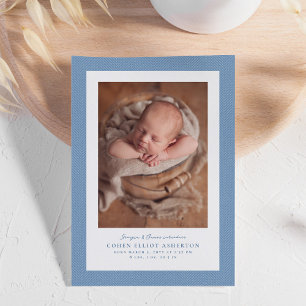 Blue herringbone tweed frame simple photo birth announcement