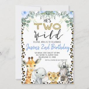 Blue He's Two Wild Cheetah Print 1st Birthday Invitation