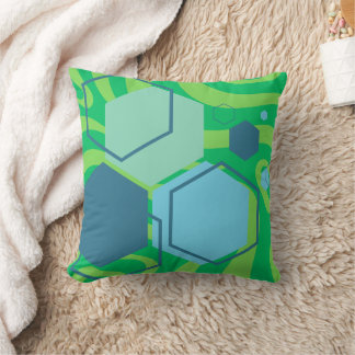 Blue Hexagon Green Wave Abstract Throw Pillow