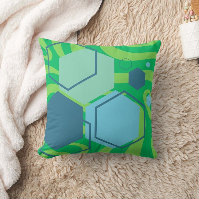 Blue Hexagon Green Wave Abstract Throw Pillow (Blanket)