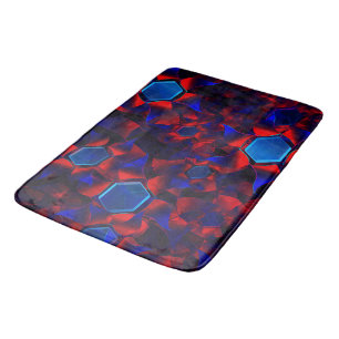 Blue hexagon mixed with overlapping red curves bath mat