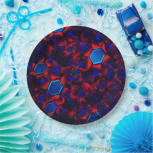 Blue hexagon mixed with overlapping red curves pap paper plate