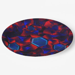Blue hexagon mixed with overlapping red curves paper plate