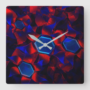Blue hexagon mixed with overlapping red curves square wall clock