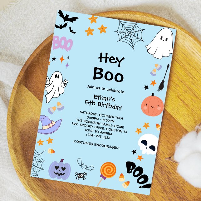 Blue Hey Boo Cute Ghost Halloween 5th Birthday  Invitation (Blue Hey Boo Cute Ghost Halloween 5th Birthday Invitation )