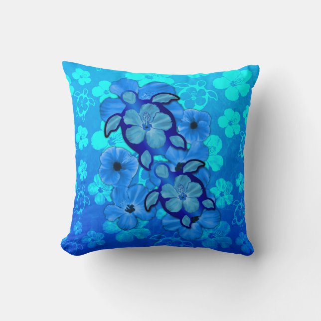 Blue Hibiscus And Honu Turtles Cushion (Front)
