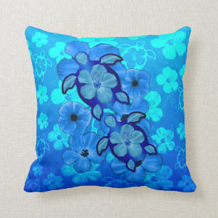 Blue Hibiscus And Honu Turtles Cushion