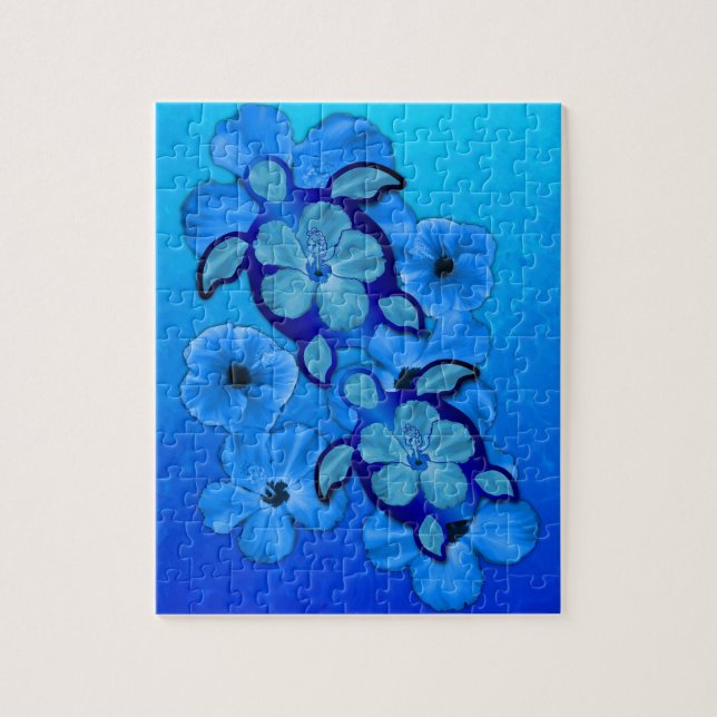 Blue Hibiscus And Honu Turtles Jigsaw Puzzle (Vertical)
