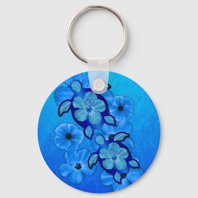 Blue Hibiscus And Honu Turtles Key Ring (Front)