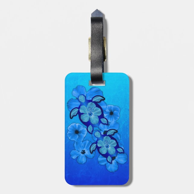 Blue Hibiscus And Honu Turtles Luggage Tag (Back Vertical)