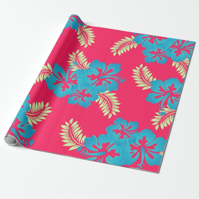 Blue Hibiscus Blossoms Tropical Wrapping Paper (Unrolled)