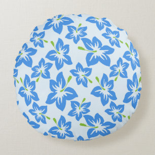 Blue Hibiscus, Blue Flowers, Pattern Of Flowers Round Cushion