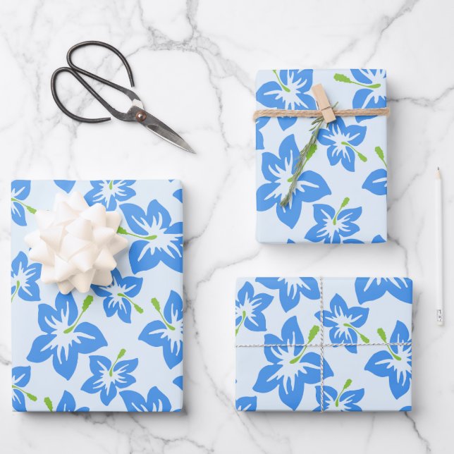 Blue Hibiscus, Blue Flowers, Pattern Of Flowers Wrapping Paper Sheet (Front)