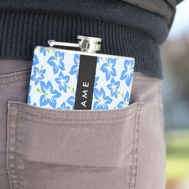 Blue Hibiscus, Blue Flowers, Your Name Hip Flask (In Situ)