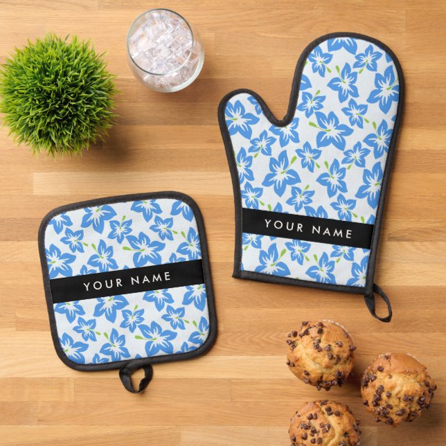 Blue Hibiscus, Blue Flowers, Your Name Oven Mitt & Pot Holder Set (Top Down)