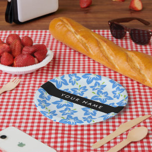 Blue Hibiscus, Blue Flowers, Your Name Paper Plate