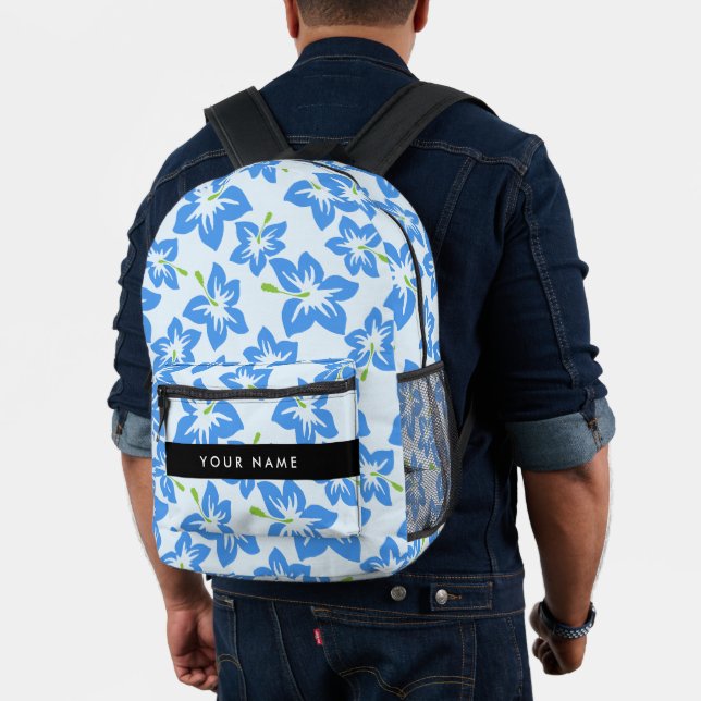 Blue Hibiscus, Blue Flowers, Your Name Printed Backpack (Insitu (Model))