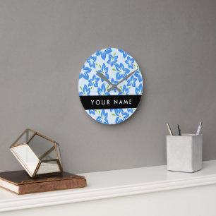 Blue Hibiscus, Blue Flowers, Your Name Round Clock