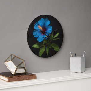 Blue Hibiscus Flower On Black, Large Clock