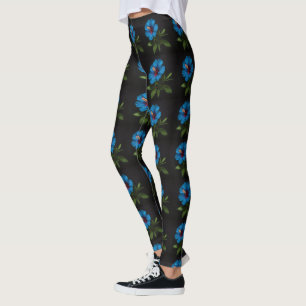 Blue Hibiscus Flower On Black, Leggings