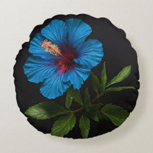 Blue Hibiscus Flower On Black, Round Cushion