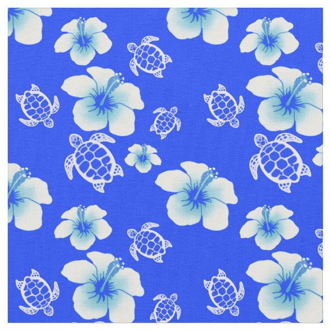 Blue Hibiscus Honu Hawaiian Fabric (Close Up)