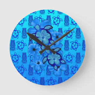 Blue Hibiscus Honu Turtles Tiki Round Clock
